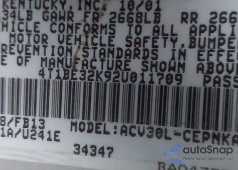 2002 Toyota Camry Le from USA, damaged, VIN 4T1BE32K92U011709